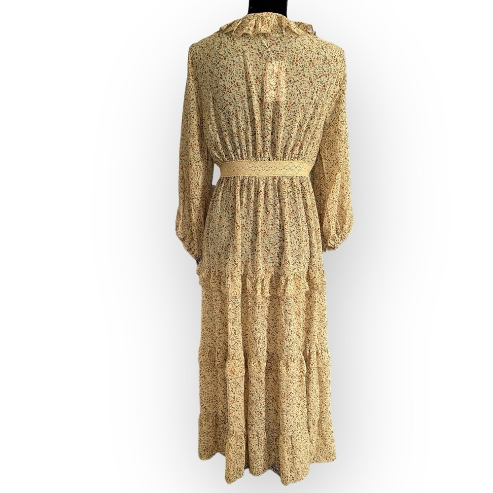 Heyson boho ditsy floral ruffle crochet open long lined kimono mustard medium - Picture 2 of 8